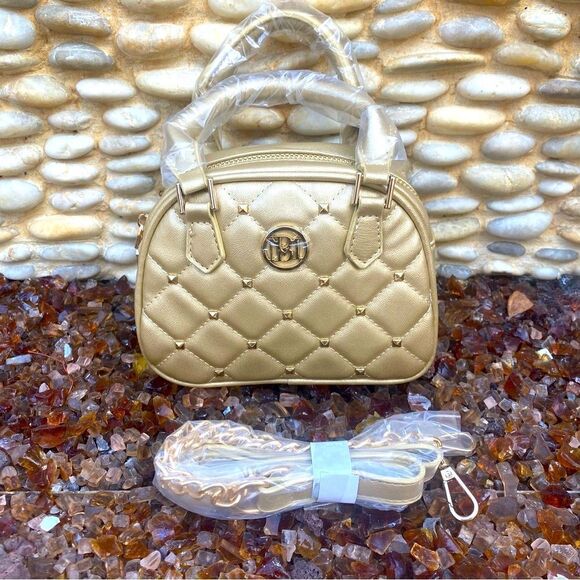NWT Badgley Mischka Studio Metallic Gold Quilted Studded Dome Crossbody Bag. - Picture 4 of 15